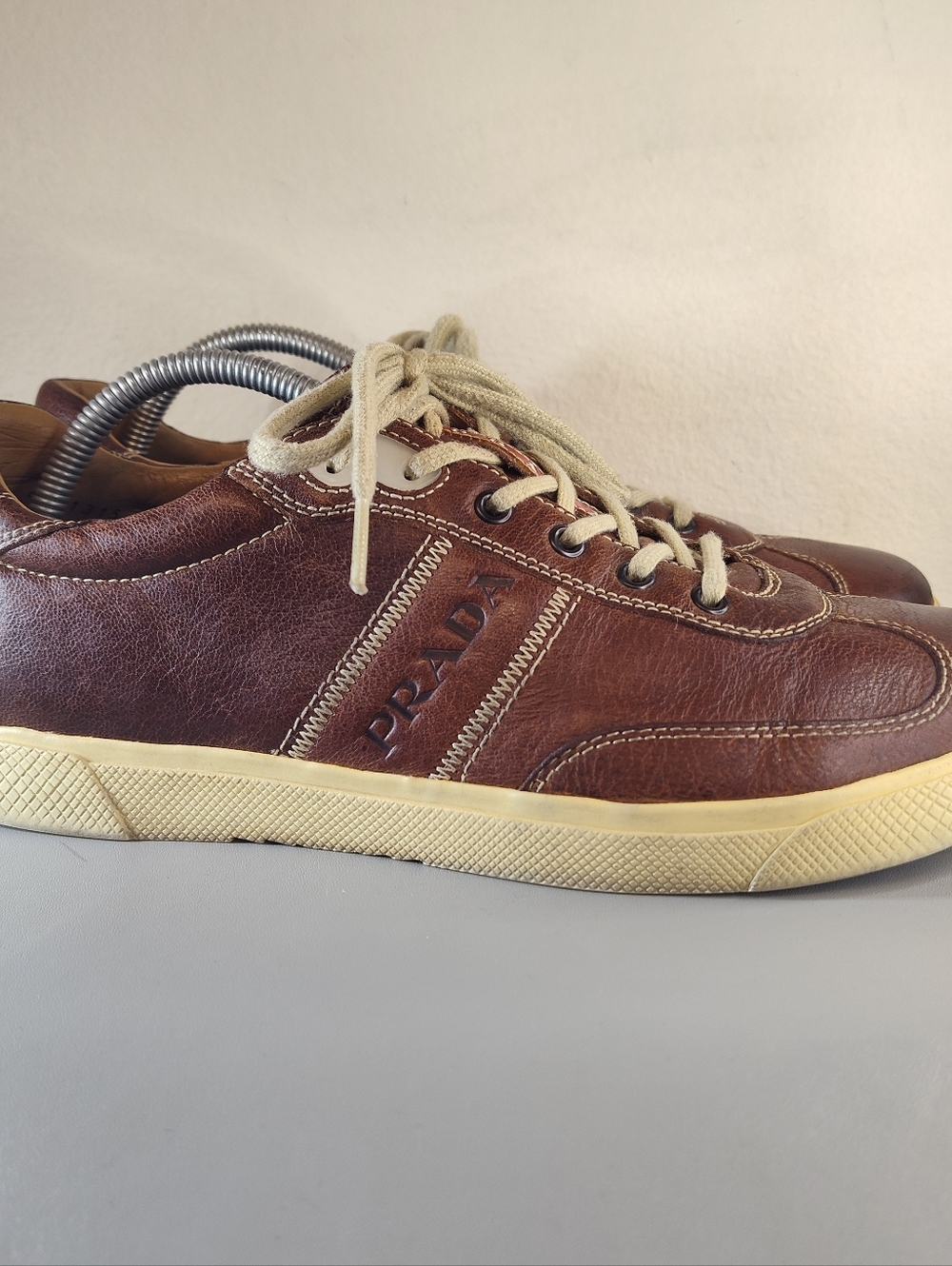 Prada Men's Leather Lace Up Casual Sneakers Low Top Brown Sz 8 US 7 UK - Picture 3 of 8
